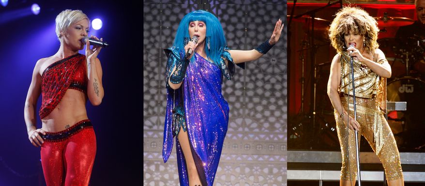 This combination of photos show Bob Mackie fashion on, from left, Pink performing in Manchester, England, on April 25, 2009, Cher performing in Philadelphia on Dec. 6, 2019, and Tina Turner performing in London on March 3, 2009.(AP Photo)