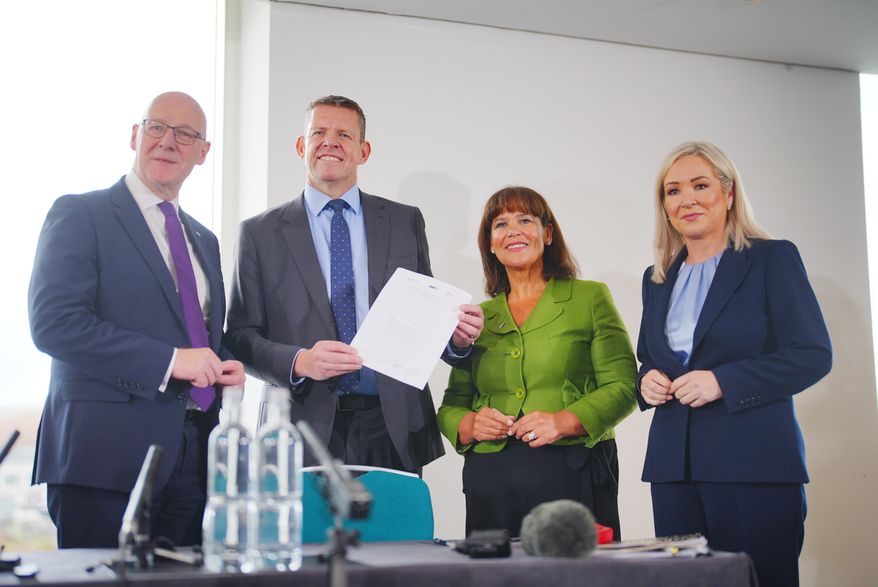 From left, First Minister of Scotland John Swinney, First Minister of Wales Rhun ap Iorwerth, Sinn Fein leader Mary Lou McDonald and First Minister of Northern Ireland Michelle O'Neill, during a meeting to discuss the "pursuit of a different attitude" from the UK Government and the future of independence for their respective countries, in Cardiff, Wales, Monday, Sept. 14, 2026. (Ben Birchall/PA via AP)