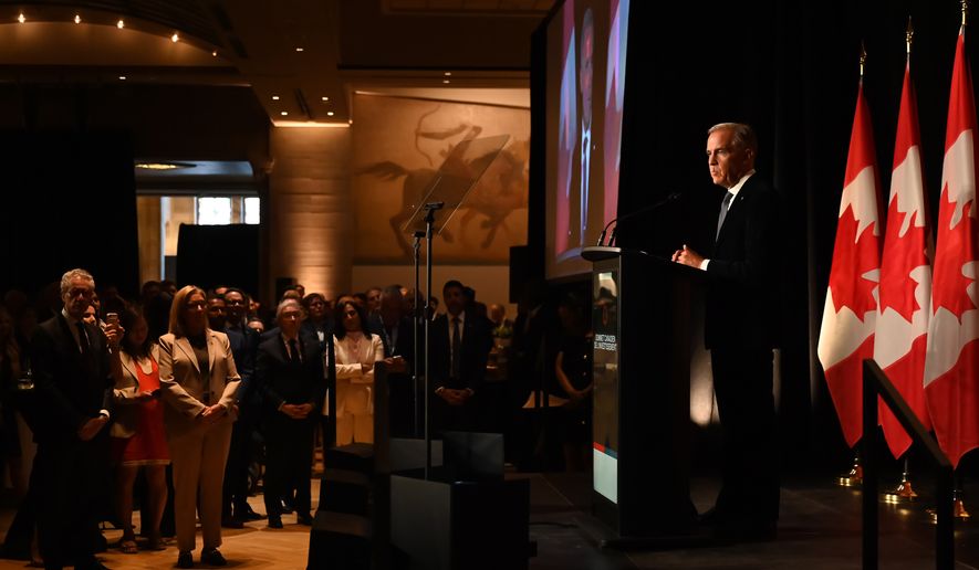Canadian Prime Minister Mark Carney speaks to Canadian business leaders at the Canada Investment Summit welcome reception in Toronto, Sunday, Sept. 13, 2026. (Jon Blacker/The Canadian Press via AP)