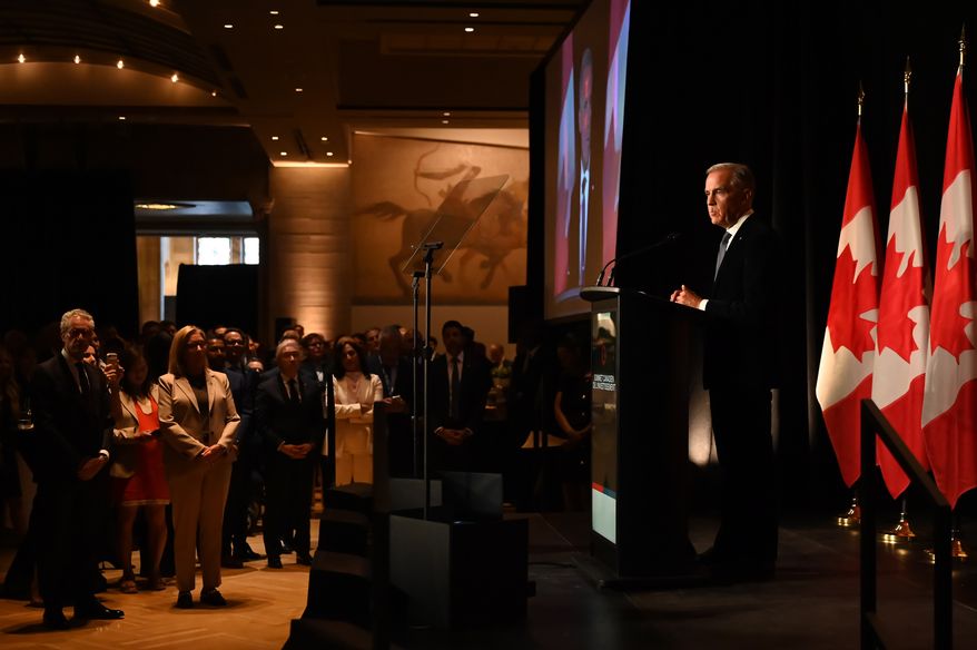 Canadian Prime Minister Mark Carney speaks to Canadian business leaders at the Canada Investment Summit welcome reception in Toronto, Sunday, Sept. 13, 2026. (Jon Blacker/The Canadian Press via AP)
