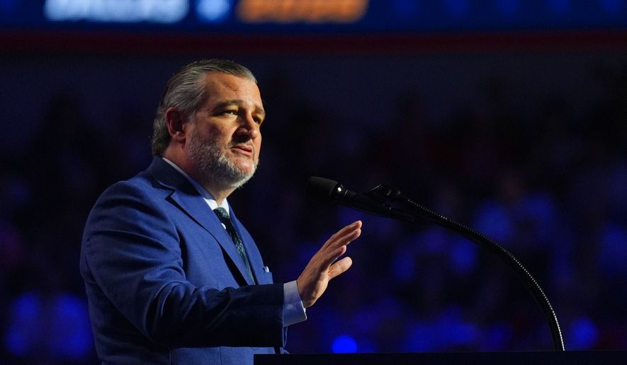 Sen. Ted Cruz, R-Texas, speaks at the Republican convention Thursday, Sept. 10, 2026, in Dallas. (AP Photo/Julio Cortez)