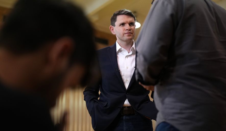 Democratic U.S. Senate candidate Texas state Rep. James Talarico speaks during a television interview at a food drive at the Frederick Douglass Human Services and Justice Center, Wednesday, Sept. 9, 2026, in Dallas. (AP Photo/Julia Demaree Nikhinson)