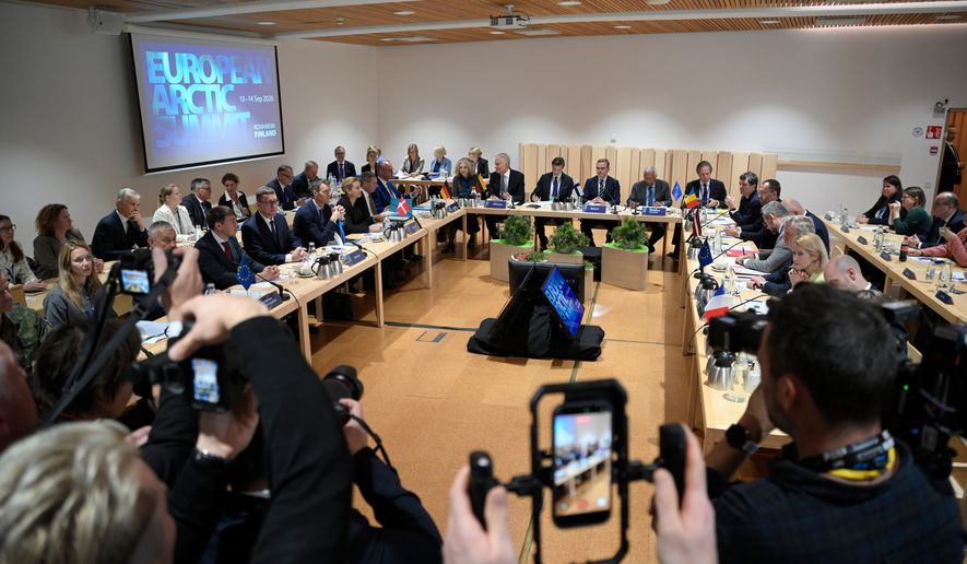 Members at the First Working Session of The European Arctic Summit meet in Rovaniemi, Finland, Monday, Sept. 14, 2026. (Jouni Porsanger/Lehtikuva via AP)