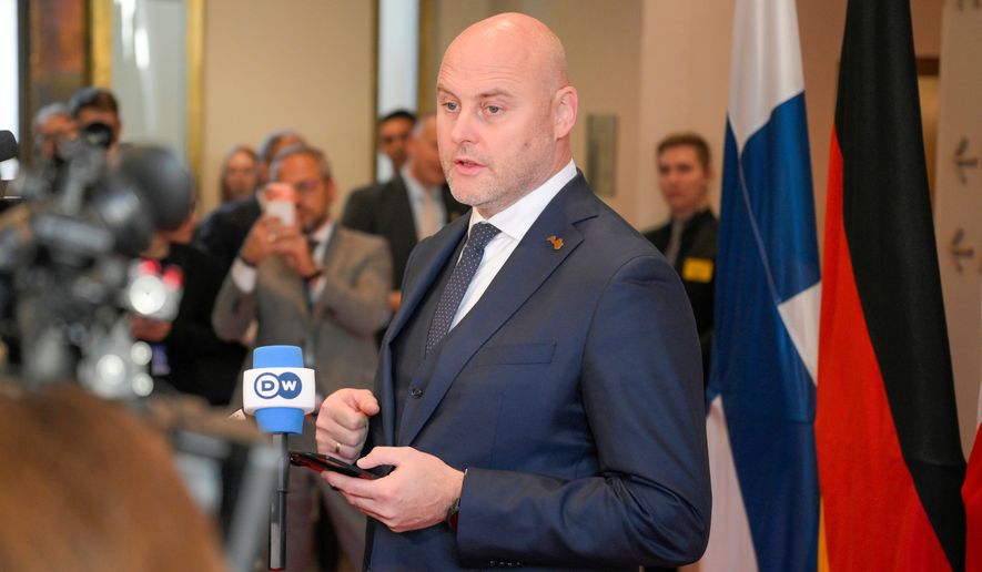 Prime Minister of Latvia Andris Kulbergs speaks to the media during the European Arctic Summit in Rovaniemi, Finland, Monday, Sept. 14, 2026. (Jouni Porsanger/Lehtikuva via AP)