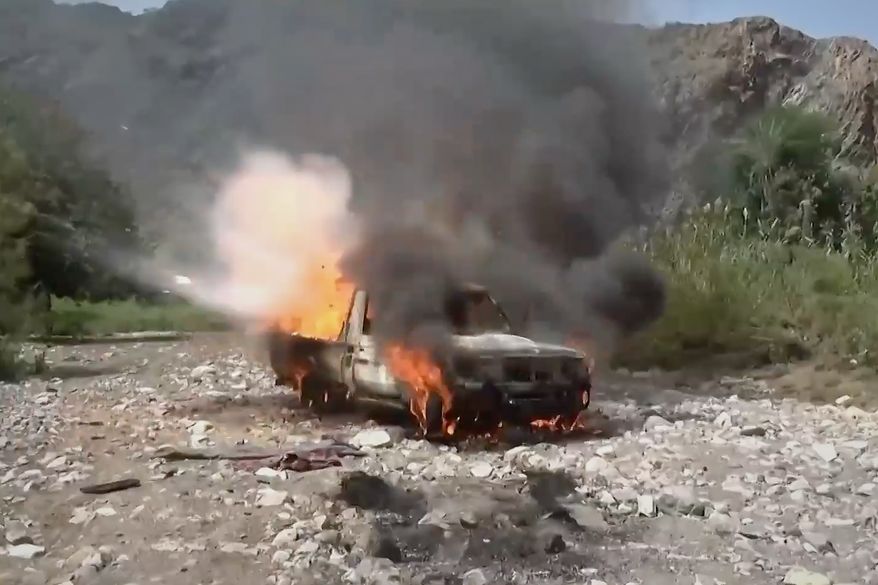 This image taken from undated video released by the Ansar Allah Media Office, the media arm of Yemen's Houthi rebels, on Saturday, Sept. 12, 2026, shows a vehicle burning during what the group says was an advance by Houthi fighters against Saudi-backed forces at an undisclosed location in southern Yemen. (Ansar Allah Media Office via AP)