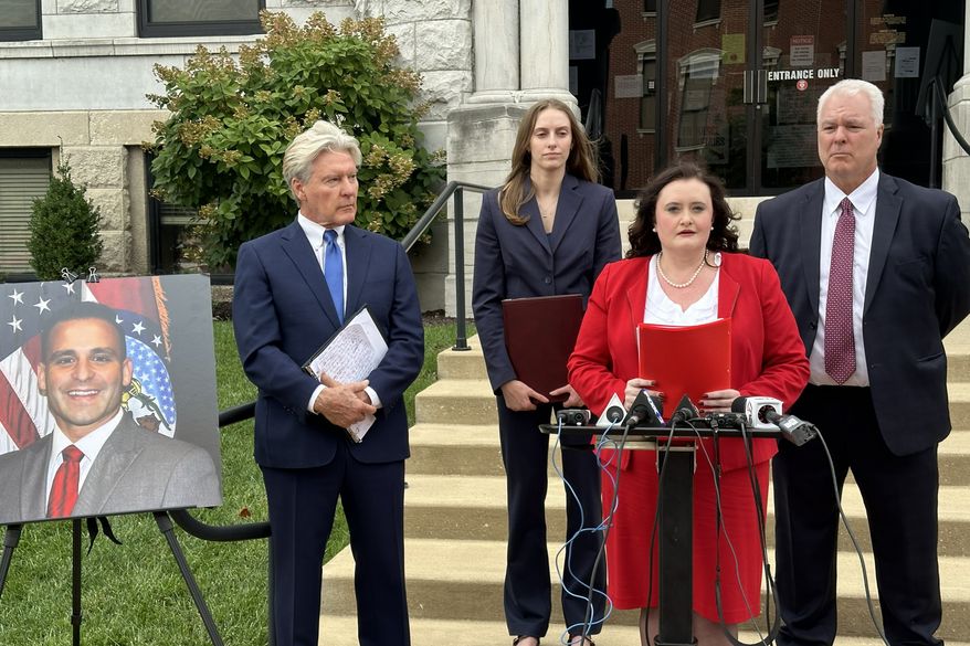 This photo taken with a smartphone shows attorney Erin N. Vernon speaking with reporters Monday, Sept. 14, 2026, at the Cole County Courthouse in Jefferson City, Mo. (AP Photo/David A. Lieb)