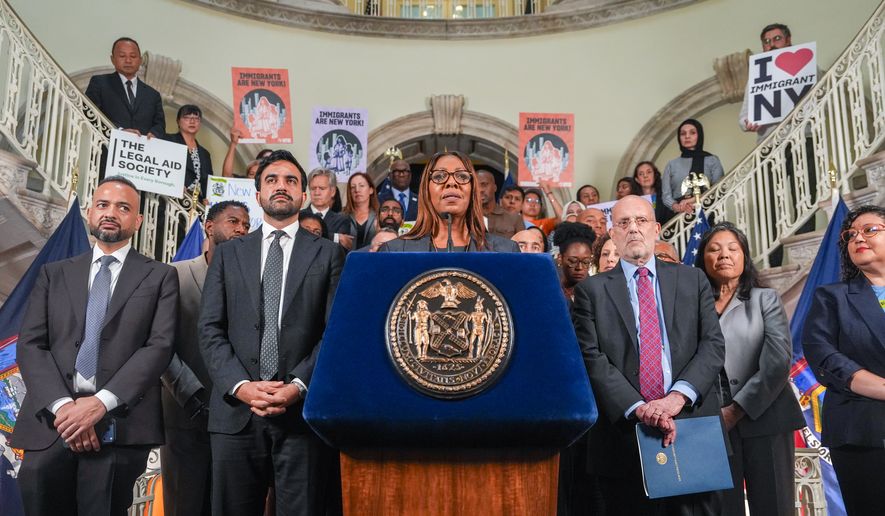 New York Attorney General Letitia James speaks during an announcement of a lawsuit filed by New York and 21 other states challenging the federal government's new public charge rule, on Monday, Sept. 14, 2026, in New York. (AP Photo/Ryan Murphy)