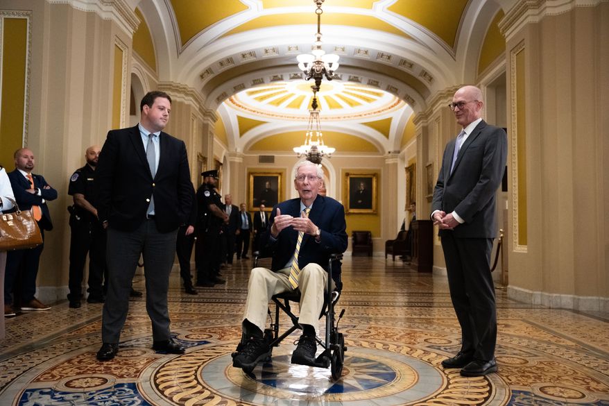 Sen. Mitch McConnell, R-Ky., speaks to reporters at the U.S. Capitol, Monday, Sept. 14, 2026, in Washington. (AP Photo/Allison Robbert)