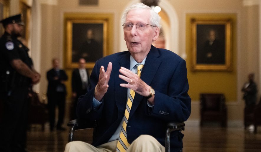 Sen. Mitch McConnell, R-Ky., speaks to reporters at the U.S. Capitol, Monday, Sept. 14, 2026, in Washington. (AP Photo/Allison Robbert)