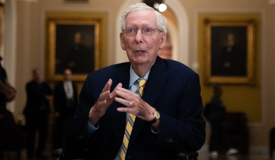 Sen. Mitch McConnell, R-Ky., speaks to reporters at the U.S. Capitol, Monday, Sept. 14, 2026, in Washington. (AP Photo/Allison Robbert)