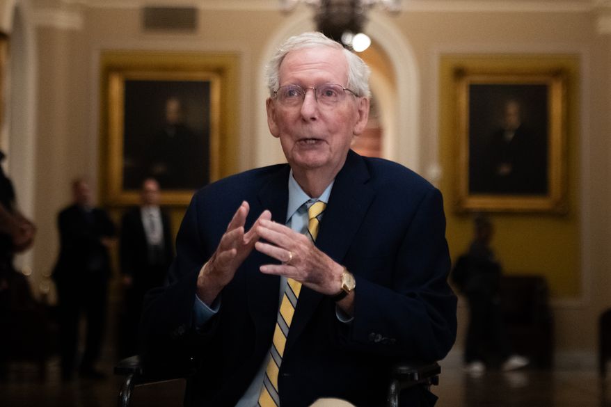 Sen. Mitch McConnell, R-Ky., speaks to reporters at the U.S. Capitol, Monday, Sept. 14, 2026, in Washington. (AP Photo/Allison Robbert)