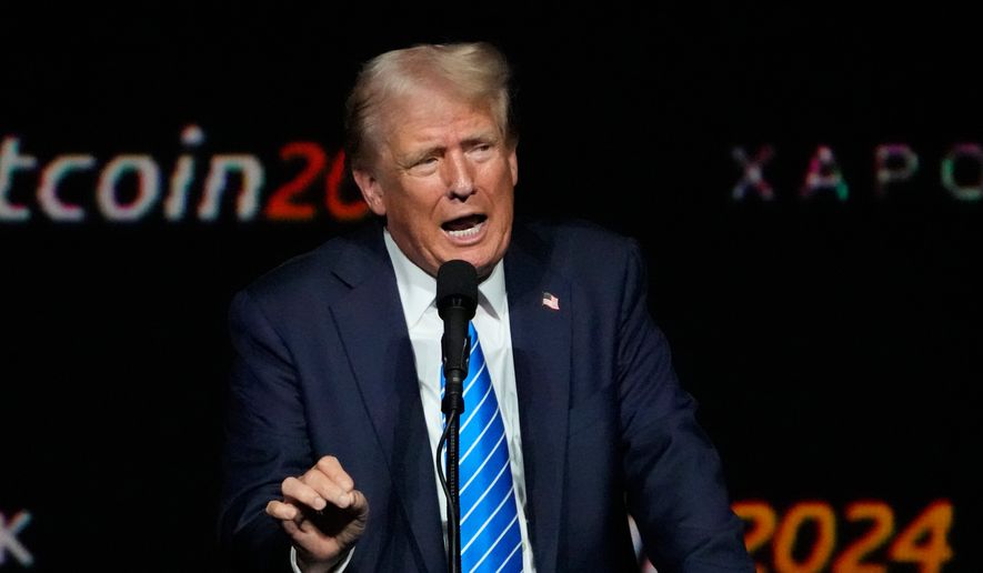 Then-Republican presidential candidate former President Donald Trump speaks at the Bitcoin Conference, July 27, 2024, in Nashville, Tenn. (AP Photo/Mark Humphrey, File)