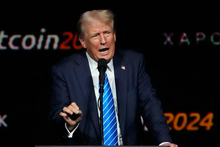Then-Republican presidential candidate former President Donald Trump speaks at the Bitcoin Conference, July 27, 2024, in Nashville, Tenn. (AP Photo/Mark Humphrey, File)