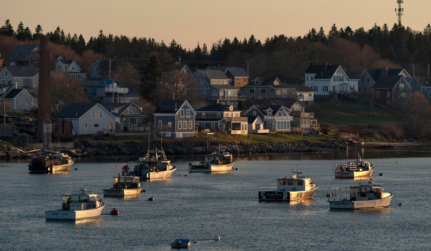 FILE - Lobster boats sit at their moorings in Jonesport, Maine, April 28, 2023. (AP Photo/Robert F. Bukaty, files)