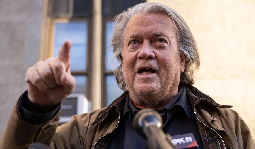 FILE - Steve Bannon speaks to the members of the media outside Manhattan criminal court in New York, Nov. 12, 2024. (AP Photo/Yuki Iwamura, File)