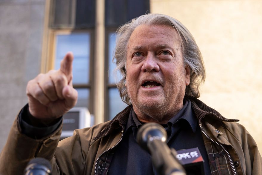 FILE - Steve Bannon speaks to the members of the media outside Manhattan criminal court in New York, Nov. 12, 2024. (AP Photo/Yuki Iwamura, File)