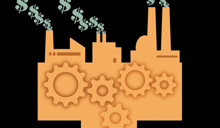 Manufacturing profits and President Donald Trump illustration by Alexander Hunter/The Washington Times