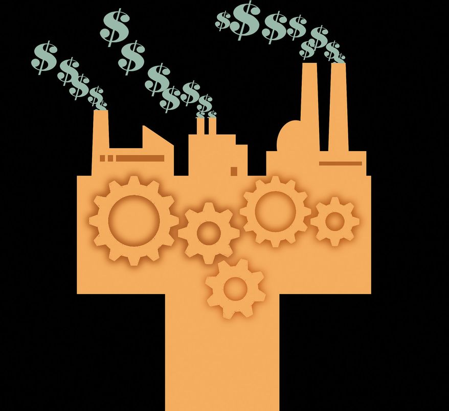 Manufacturing profits and President Donald Trump illustration by Alexander Hunter/The Washington Times