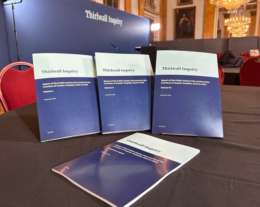 A view of Thirwall Inquiry reports displayed at Liverpool Town Hall ahead of the publication of the findings of a public inquiry into how Lucy Letby was able to repeatedly killed and harmed babies on a hospital neonatal unit in Liverpool, England, Tuesday Sept. 15, 2026. (Eleanor Barlow/PA via AP)
