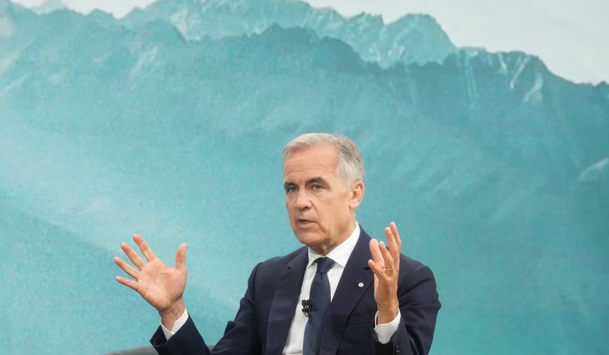 Prime Minister Mark Carney speaks during a fireside chat with the Chief Executive Officer of PSP Investments, Deborah Orida, in Toronto, on Tuesday, Sept. 15, 2026. (Nathan Denette /The Canadian Press via AP)