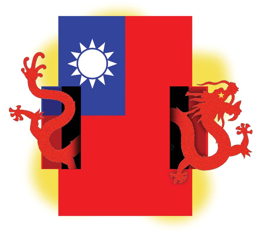 Taiwan and China illustration by Alexander Hunter/The Washington Times