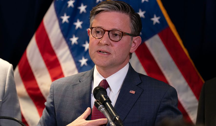 Speaker of the House Mike Johnson, R-La., speaks during a news conference on Capitol Hill, Tuesday, Sept. 15, 2026, in Washington. (AP Photo/Jose Luis Magana)