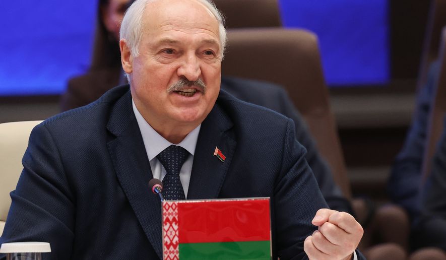 Belarusian President Alexander Lukashenko gestures while speaking at the Shanghai Cooperation Organization (SCO) summit, in Bishkek, Kyrgyzstan, on Tuesday, Sept. 1, 2026. (Vyacheslav Prokofyev, Sputnik, Kremlin Pool Photo via AP)