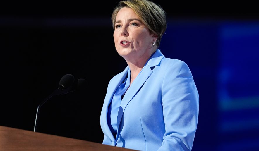 Massachusetts Gov. Maura Healey speaks at the 2024 Democratic National Convention in Chicago on Aug. 22, 2024. (AP Photo/Paul Sancya) **FILE**