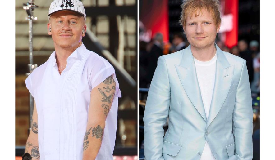 Recording artist Macklemore appears on ABC's "Good Morning America" Summer Concert Series in Central Park in New York on July 22, 2022, left, and Ed Sheeran appears at the premiere of the film "F1 The Movie" in London on June 23, 2025. (AP Photo)
