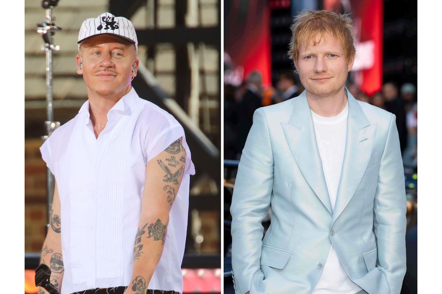 Recording artist Macklemore appears on ABC's "Good Morning America" Summer Concert Series in Central Park in New York on July 22, 2022, left, and Ed Sheeran appears at the premiere of the film "F1 The Movie" in London on June 23, 2025. (AP Photo)
