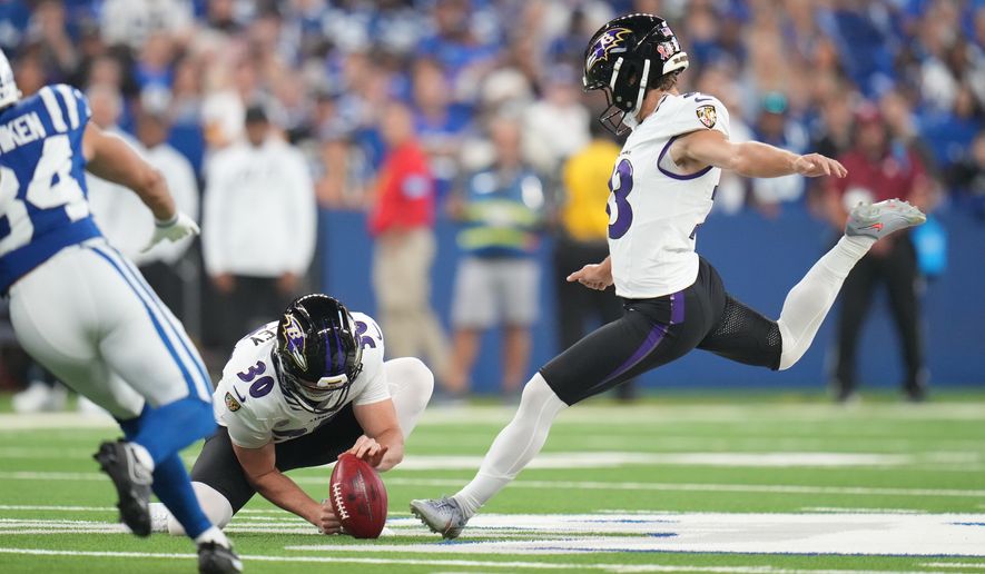 Baltimore Ravens' Tyler Loop makes a field goal during the first half of an NFL football game against the Indianapolis Colts Sunday, Sept. 13, 2026, in Indianapolis. (AP Photo/Jeff Roberson)