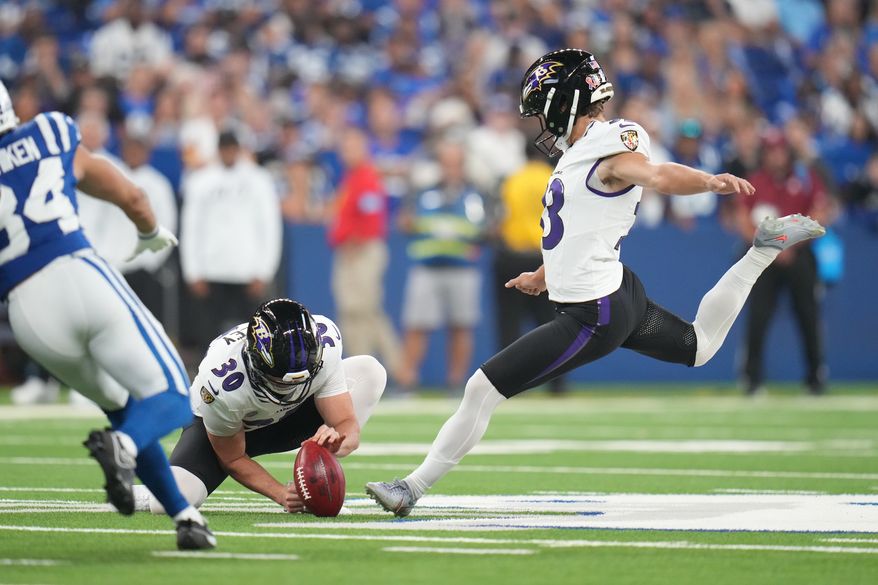 Baltimore Ravens' Tyler Loop makes a field goal during the first half of an NFL football game against the Indianapolis Colts Sunday, Sept. 13, 2026, in Indianapolis. (AP Photo/Jeff Roberson)