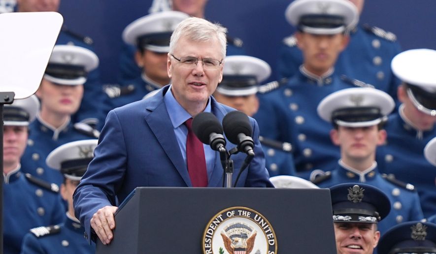 Secretary of the Air Force Troy Meink speaks during the U.S. Air Force Academy Graduation Ceremony at Falcon Stadium, Thursday, May 28, 2026, at the United States Air Force Academy in Colorado Springs, Colo. (AP Photo/Matt Rourke, Pool, File)
