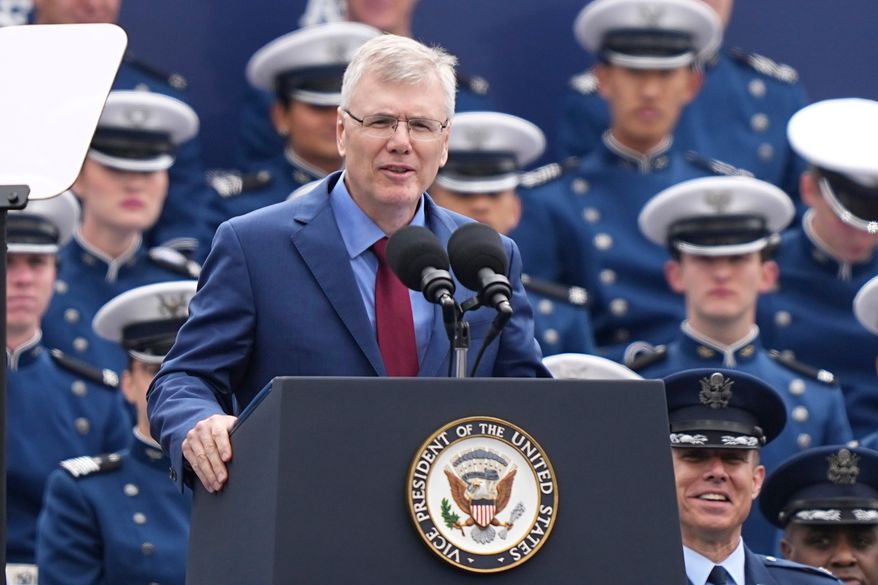 Secretary of the Air Force Troy Meink speaks during the U.S. Air Force Academy Graduation Ceremony at Falcon Stadium, Thursday, May 28, 2026, at the United States Air Force Academy in Colorado Springs, Colo. (AP Photo/Matt Rourke, Pool, File)