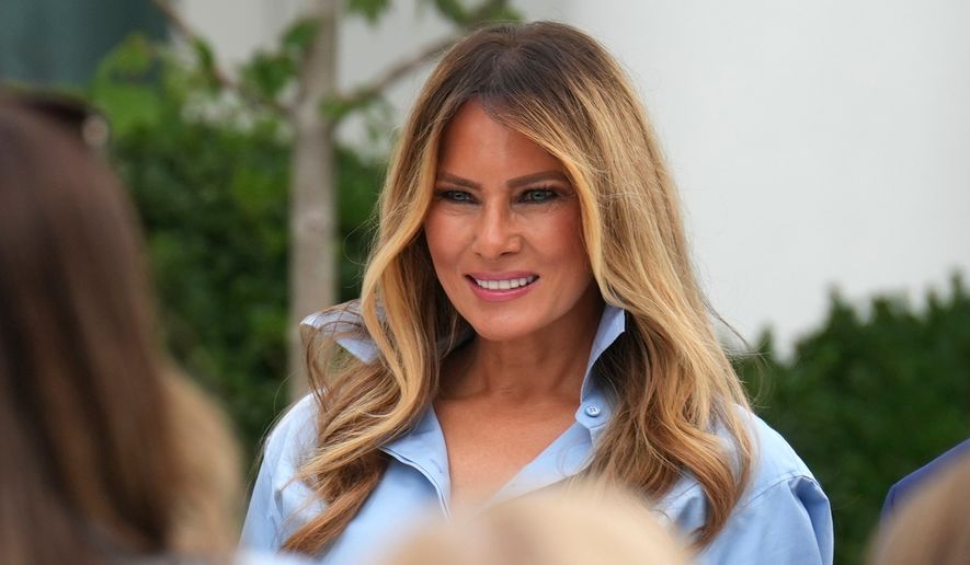 First lady Melania Trump attends an event in the Rose Garden of the White House, Thursday, Aug. 20, 2026, in Washington. (AP Photo/Jacquelyn Martin) ** FILE **