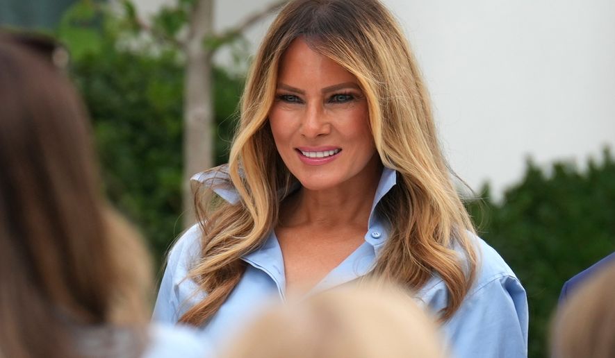 First lady Melania Trump attends an event in the Rose Garden of the White House, Thursday, Aug. 20, 2026, in Washington. (AP Photo/Jacquelyn Martin)
