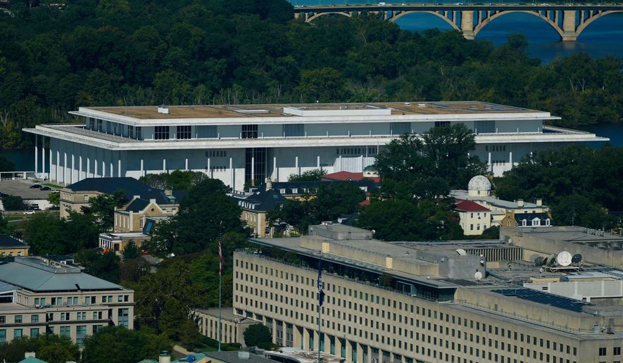 The John F. Kennedy Center for the Performing Arts as seen from the Washington Monument, Tuesday, Sept. 15, 2026, in Washington. (AP Photo/Pablo Martinez Monsivais)