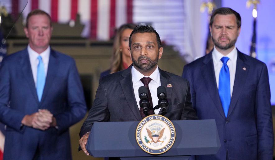 FBI Director Kash Patel speaks as Sen. Eric Schmitt, R-Mo., left and Vice President JD Vance listen during an event at the FBI Field Office in Kansas City, Mo., Monday, Sept. 14, 2026. (AP Photo/Mark Schiefelbein, Pool)