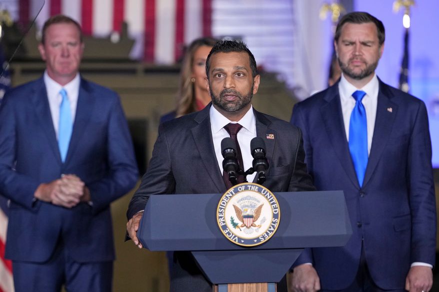 FBI Director Kash Patel speaks as Sen. Eric Schmitt, R-Mo., left and Vice President JD Vance listen during an event at the FBI Field Office in Kansas City, Mo., Monday, Sept. 14, 2026. (AP Photo/Mark Schiefelbein, Pool)