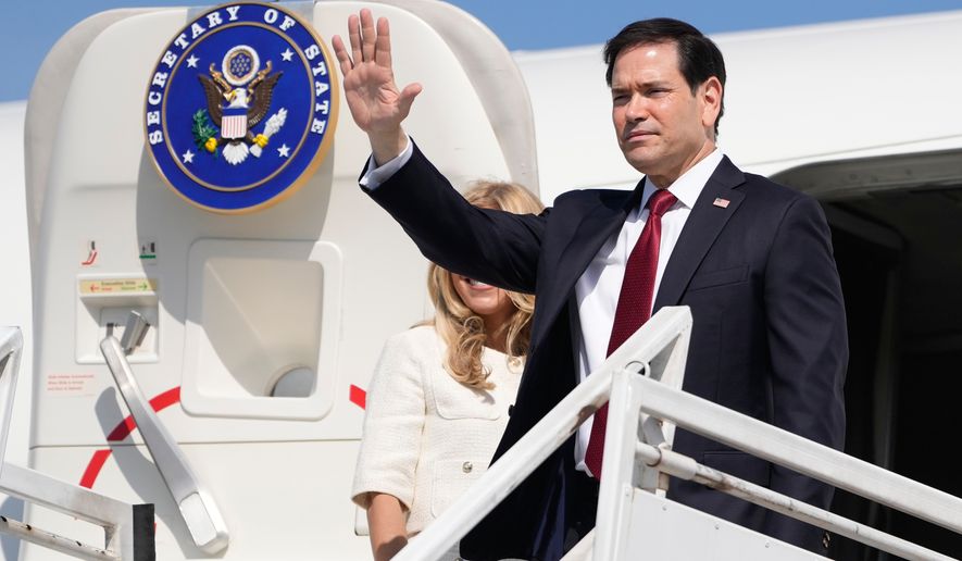U.S. Secretary of State Marco Rubio and his wife Jeanette Rubio depart the international airport Ernesto Cortissoz in Barranquilla, Colombia, Wednesday, Sept. 9, 2026. (AP Photo/Fernando Vergara, Pool)