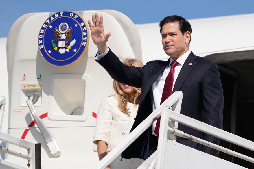 U.S. Secretary of State Marco Rubio and his wife Jeanette Rubio depart the international airport Ernesto Cortissoz in Barranquilla, Colombia, Wednesday, Sept. 9, 2026. (AP Photo/Fernando Vergara, Pool)