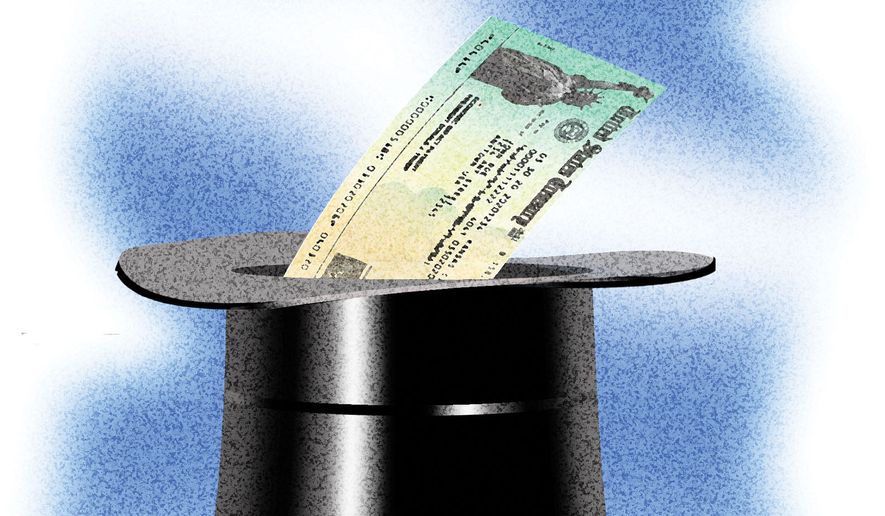Trump the magician and his dividend checks to American citizens illustration by Alexander Hunter/The Washington Times