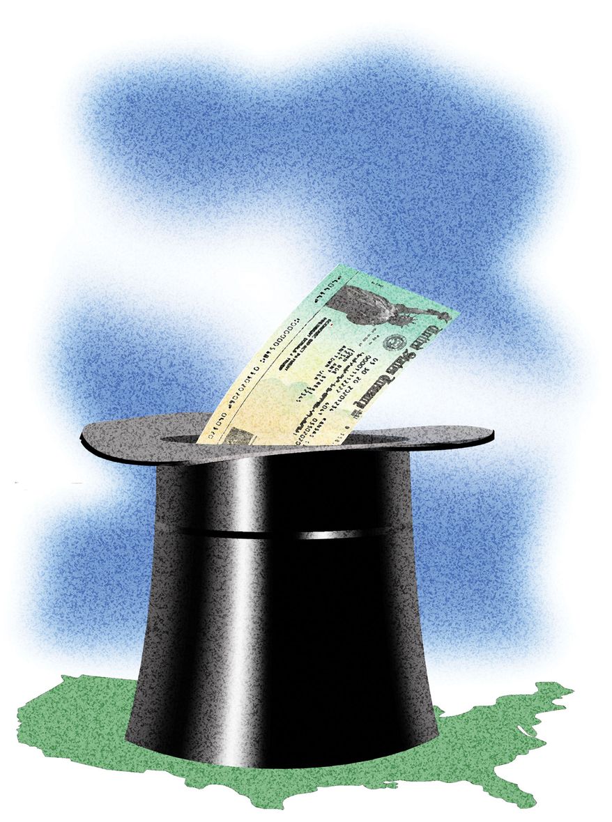 Trump the magician and his dividend checks to American citizens illustration by Alexander Hunter/The Washington Times