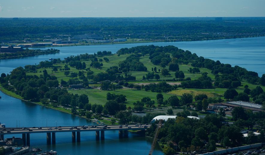 The East Potomac Park Golf Course is seen from the Washington Monument, Tuesday, Sept. 15, 2026, in Washington. (AP Photo/Pablo Martinez Monsivais)