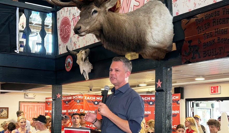 U.S. Rep. Zach Nunn, R-Iowa, speaks at a campaign event Monday, Aug. 17, 2026, at the Iowa State Fair in Des Moines, Iowa. (AP Photo/Hannah Fingerhut)