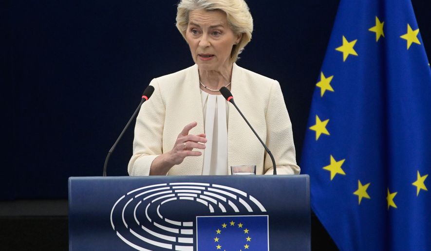 European Commission President Ursula von der Leyen delivers a speech at the annual State of the European Union at the European Parliament in Strasbourg, eastern France, Wednesday, Sept 16, 2026. (AP Photo/Pascal Bastien)