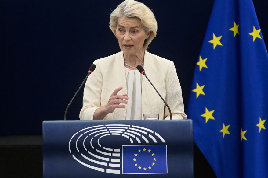 European Commission President Ursula von der Leyen delivers a speech at the annual State of the European Union at the European Parliament in Strasbourg, eastern France, Wednesday, Sept 16, 2026. (AP Photo/Pascal Bastien)