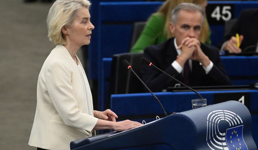 Canada's Prime Minister Mark Carney, right, listens to European Commission President Ursula von der Leyen, during the annual State of the European Union at the European Parliament in Strasbourg, eastern France, Wednesday, Sept 16, 2026. (AP Photo/Pascal Bastien)