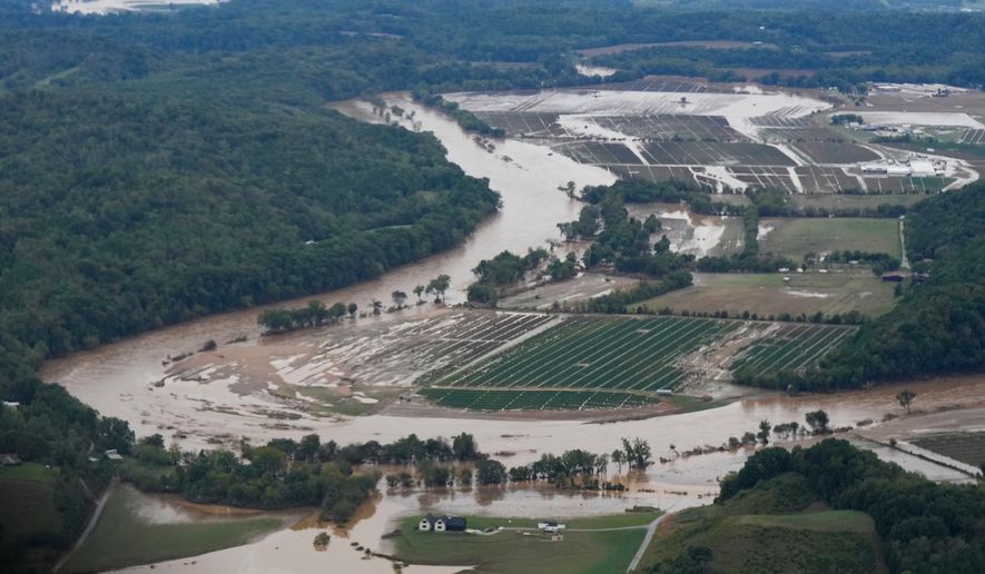 An aerial view of flood damage left in the aftermath of Hurricane Helene is seen Sept. 28, 2024, in Greene County, Tenn. (AP Photo/George Walker IV, File)