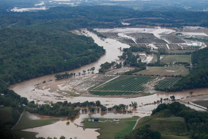 An aerial view of flood damage left in the aftermath of Hurricane Helene is seen Sept. 28, 2024, in Greene County, Tenn. (AP Photo/George Walker IV, File)
